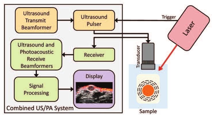 Fig. 1. Instrumentation and major processing components comprising a combined ultrasound and photoacoustic imaging system.