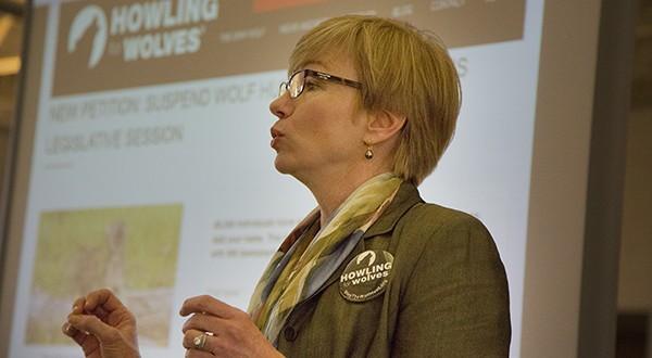Maureen Hackett, founder and president of wolf advocacy group Howling for Wolves, gives an Earth Day presentation to students at the School of Environmental Studies in Apple Valley on April 22.