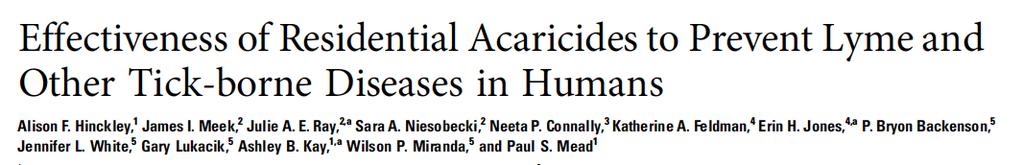 Despite reduction in ticks at intervention sites, human disease incidence and human-tick encounters were not reduced Future studies should: Also use