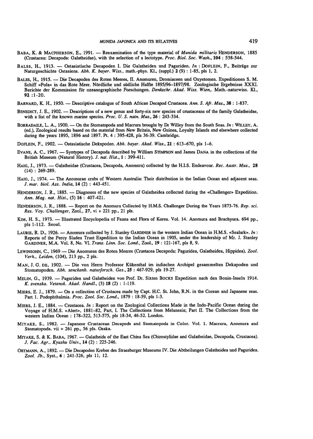 MUNIDA JAPONICA AND US RELATIVES 419 BABA, K. & MACPHERSON, E., 1991.