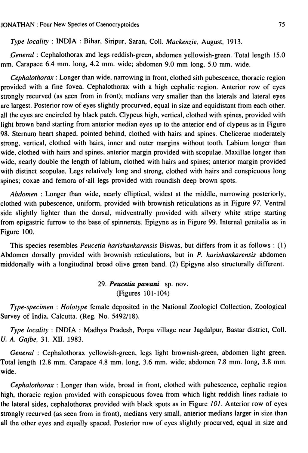 JONATHAN: Four New Species of Caenocryptoides 75 Type locality: INDIA: Bihar, Siripur, Saran, Coli. Mackenzie, August, 1913.. General : Cephaiothorax and legs reddish-green? abdomen yellowish-green.