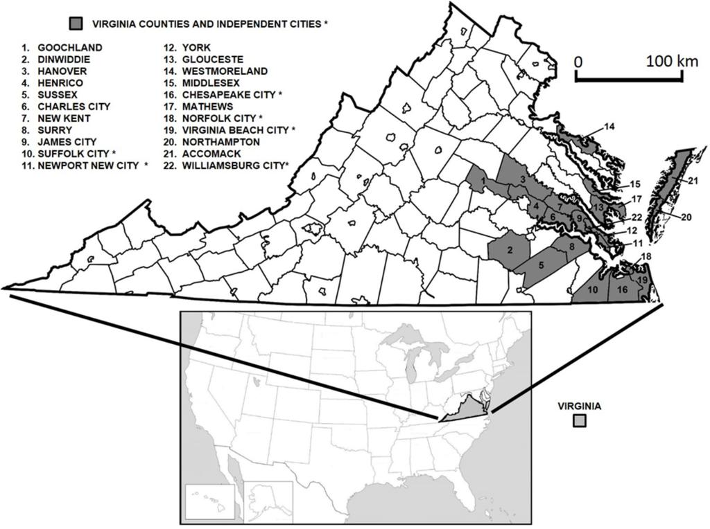 LIFE HISTORY OF SOUTHERN LEOPARD FROGS FROM VIRGINIA Figure 1: Map of Virginia (USA) showing the counties of origin for the 750 museum specimens of the Southern Leopard Frog (Lithobates