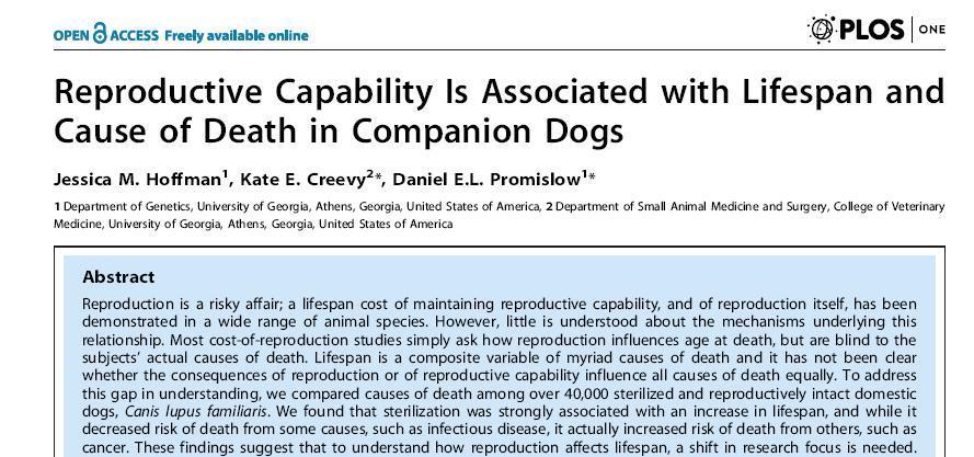 Research (supporting spay / neuter) University of Georgia longevity study (April 2013) Banfield State of Pet Health Report (2013) Howe s Long Term Outcome of Gonadectomy at Early Age (2000 / 2001)