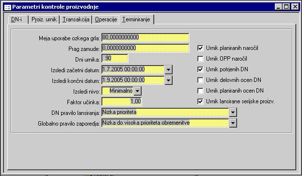 Slika 13: Proizvodnja/ opravila/ datoteke/ parametri kontrole proizvodnje (Syteline 7) Ko končamo z nastavitvami, lahko zaženemo terminiranje v oknu (proizvodnja/ terminiranje).