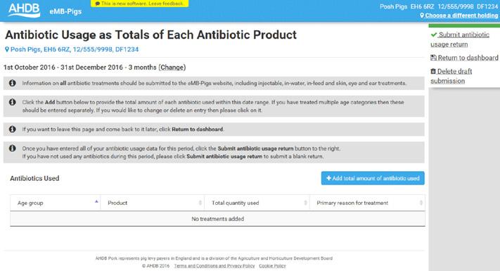 Step 2 To enter antibiotic data, select Add total amount of antibiotic used.