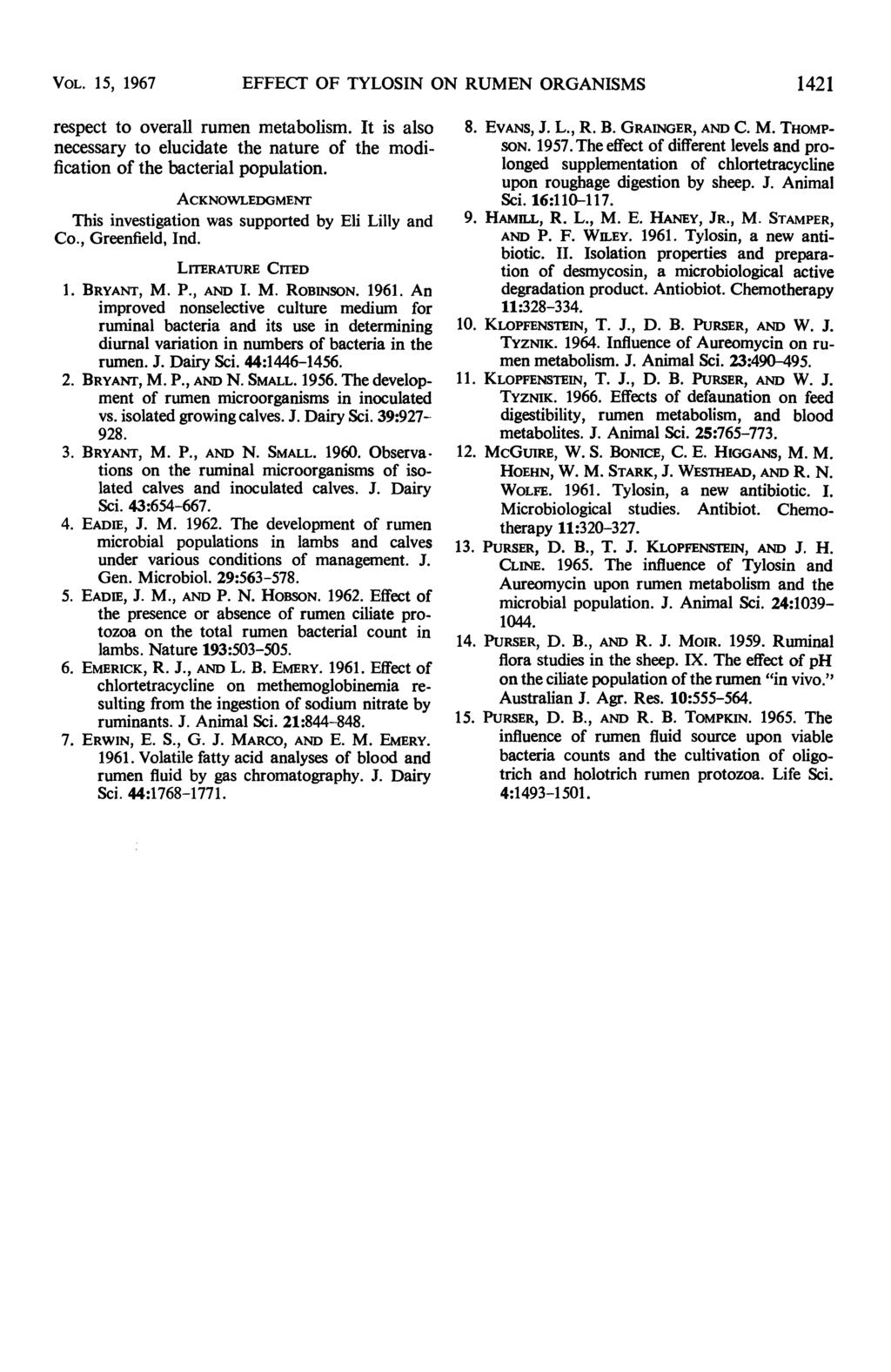 VOL. 15, 1967 EFFECT OF TYLOSIN ON RUMEN ORGANISMS 1421 respect to overall rumen metabolism. It is also necessary to elucidate the nature of the modification of the bacterial population.