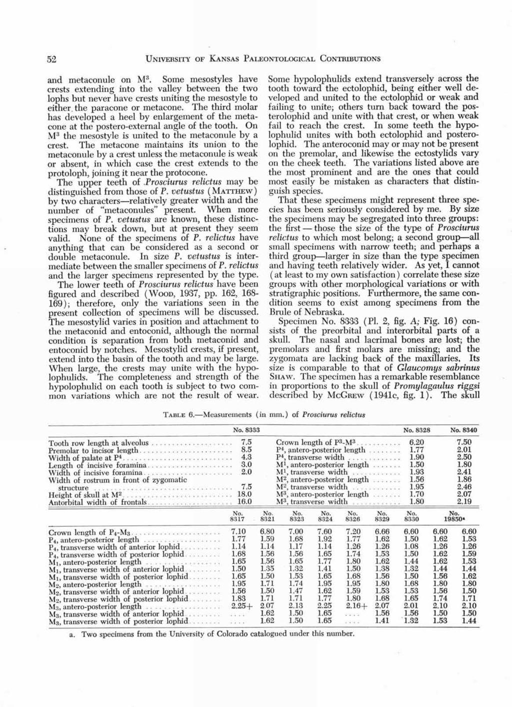 52 UNIVERSITY OF KANSAS PALEONTOLOGICAL CONTRIBUTIONS and metaconule on M 3.