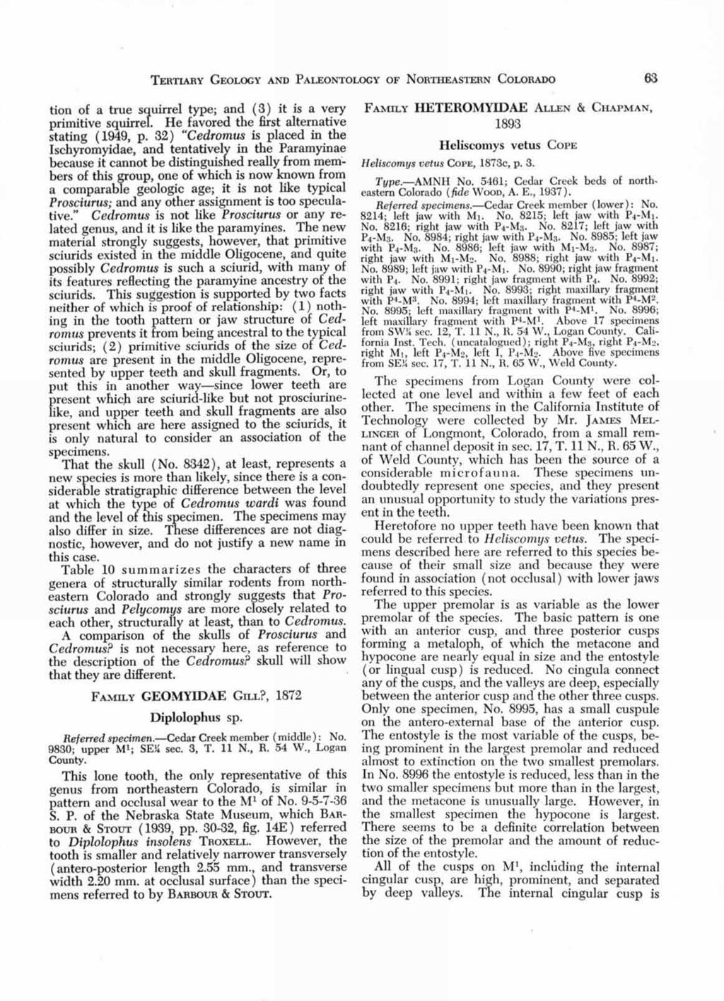 TERTIARY GEOLOGY AND PALEONTOLOGY OF NORTHEASTERN COLORADO 63 tion of a true squirrel type; and ( 3 ) it is a very primitive squirrel. He favored the first alternative stating ( 1949, p.
