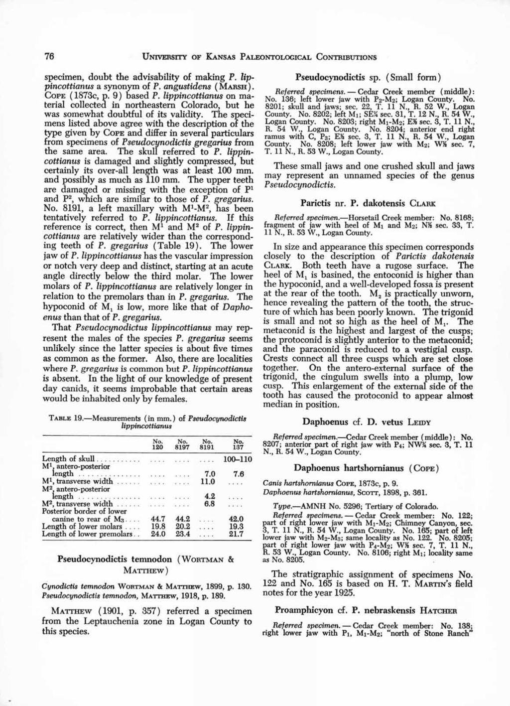 -cottianus -cottianus 76 UNIVERSITY OF KANSAS PALEONTOLOGICAL CONTRIBUTIONS specimen, doubt the advisability of making P. lippincottianus a synonym of P. angustidens (MARSH). COPE (1873e, p.