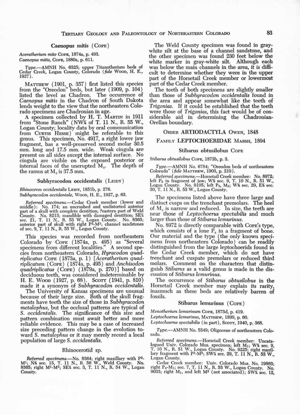 TERTIARY GEOLOGY AND PALEONTOLOGY OF NORTHEASTERN COLORADO 83 Caenopus mitis ( COPE ) Aceratherium mite COPE, 1874a, p. 493. Caenopus mitis, COPE, 1880a, p. 611. Type.