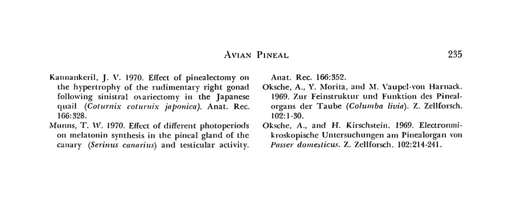AVIAN PINEAL 235 Kannankeril, J. V. 1970. Effect of pinealectomy on the hypertrophy of the rudimentary right gonad following sinistral oxariectomy in the Japanese quail (Coturnix coluniix japonica).