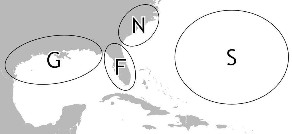 Regions Nesting regions: Gulf (G), Florida (F), North (N) Oceanic region: Sargasso Sea (S)
