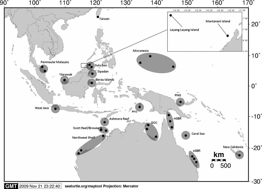 Figure 4.1. Map showing the 17 genetic stocks used as reference for tracing back the origin of turtles (adapted from Dethmers et al.