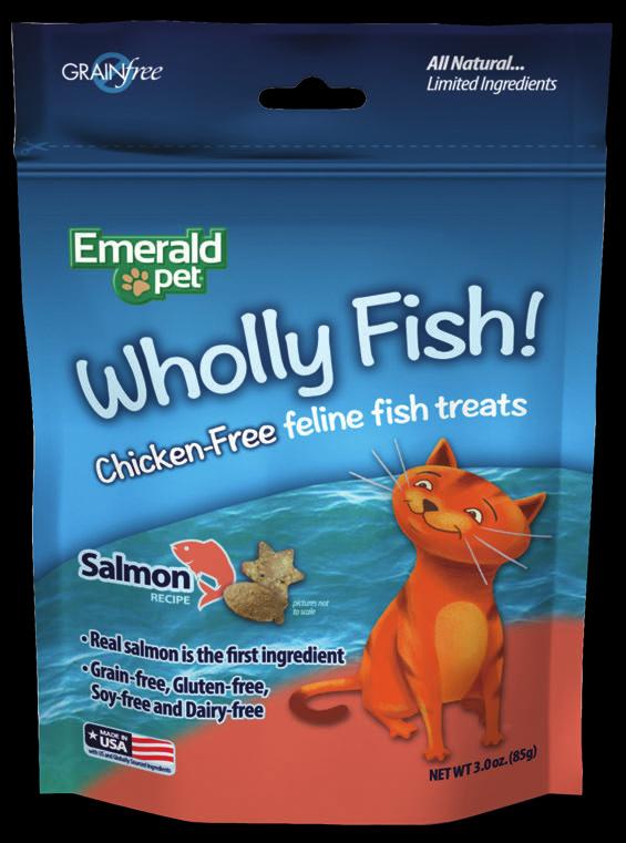 Feline Wholly Fish! Emerald Pet Feline Wholly Fish! treats are made using only Salmon or Tuna and natural poultry-free ingredients.