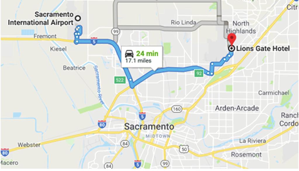 TRANSPORTATION & DIRECTIONS TO SHOW SITE AIR TRANSPORTATION Lions Gate Hotel is located 17 miles from Sacramento International Airport, 6900 Airport Blvd, Sacramento, CA 95837.