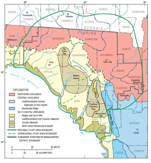 Middle Suwannee River Springs Restoration Plan Figure 6. Physiographic areas in and adjacent to the Suwannee River Water Management District (Grubbs and Crandall, 20