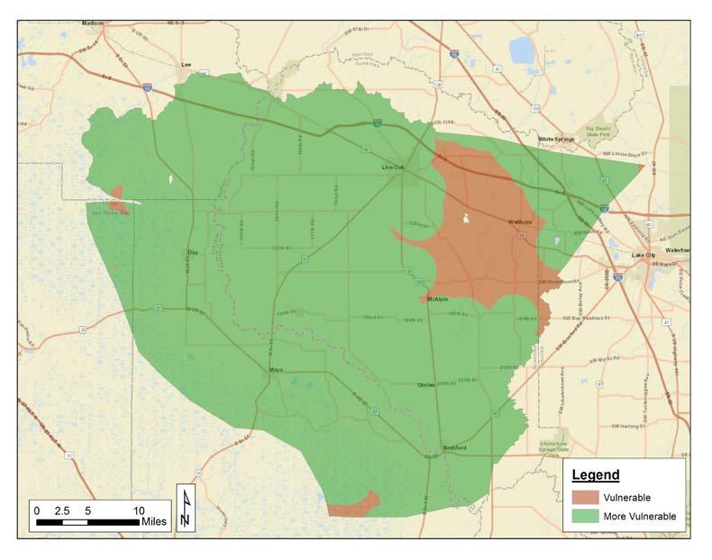 Middle Suwannee River Springs Restoration Plan contamination; however, the FAVA report identifies areas of relatively higher vulnerability based on natural hydrogeology, not anthropogenic factors.