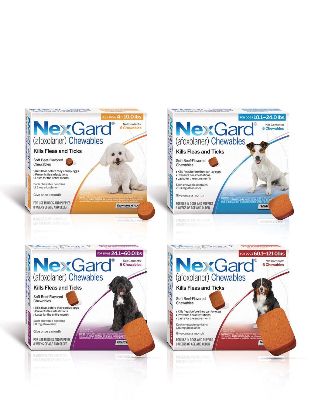 Easy to give, easy to stock. NexGard is available in 4 sizes (both 3 packs and 6 packs): Small Dog: 4-10.0lbs Medium Dog: 10.1-24.