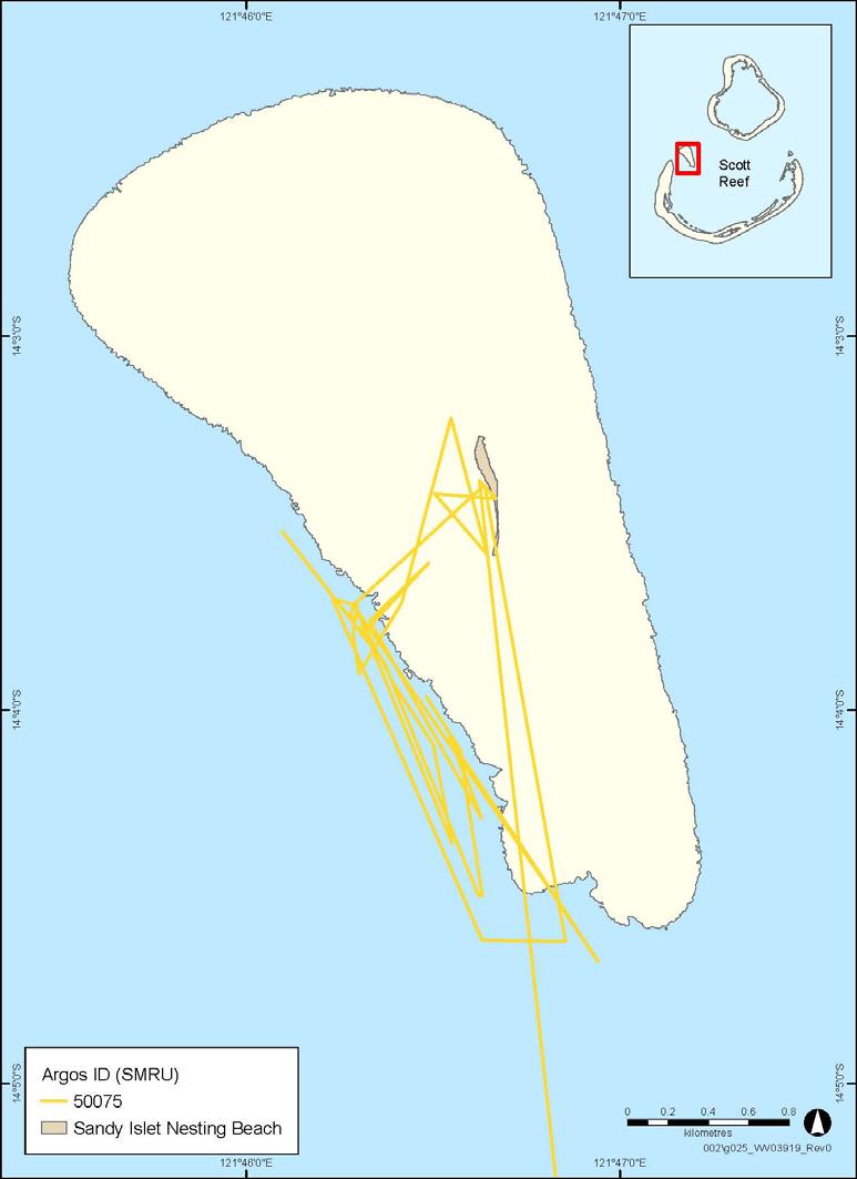 A B Figure 3 13: Inter nesting movements of three green turtles tracked from