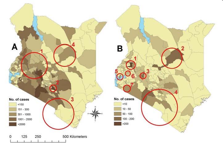 Spatial distribution of reported brucella (2012) A over 5s; B under 5s Spatial scan statistic to detect spatial clustering (and its location) Clustering analysis revealed several