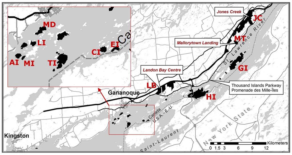Figure 1. Map of Thousand Islands National Park in eastern Ontario. Two-letter codes identify the 12 study sites on park property. Mainland sites: LB Landon Bay, MT Mallorytown, JC Jones Creek.