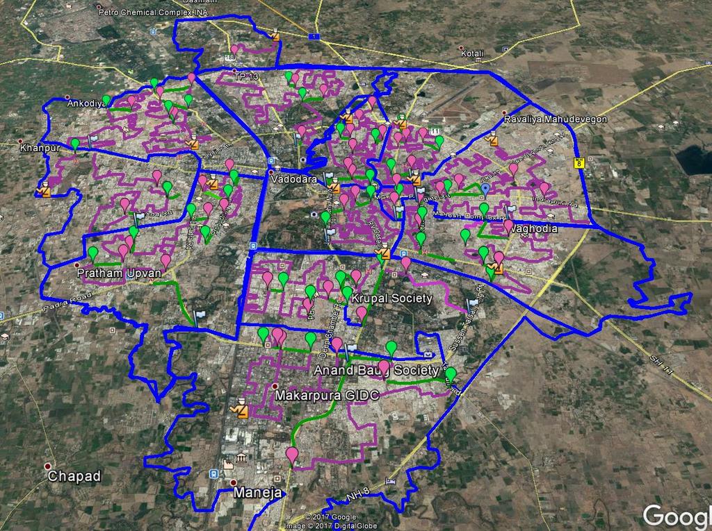 Figure 24: Survey routes through the twelve wards in Vadodara GPS coordinates, collected with OSM tracker, enable us to map observed dogs and summarize the composition of the dog population (Figure