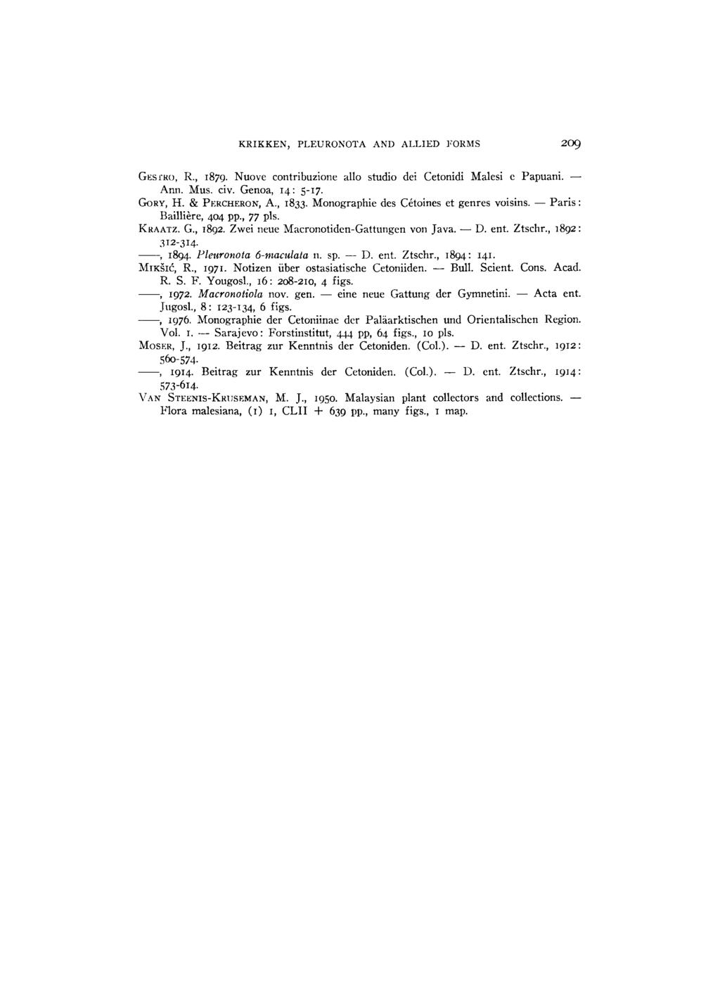 KRIKKEN, PLEURONOTA AND ALLIED FORMS 209 GESTRO, Κ., 1879. Nuove contribuzione allo studio dei Cetonidi Malesi e Papuani. Ann. Mus. civ. Genoa, 14: 5 17. GORY, H. & PERCHERON, Α., 1833.