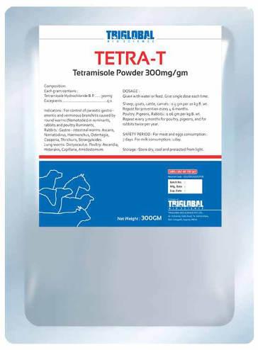 TETRA-T (Tetramisole Powder 300mg/gm) - Water Soluble Powder INDICATIONS : Tetramisole is effective in the treatment of ascariasis, hook worm infestation, pinworms, strongyloides and Trichuriasis.