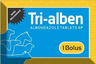 TRIBEN 150mg (Albendazole Bolus 150mg) Indications : Anthelmintic against liver fluke, Tape worms, round worms etc. Dosage : Cattle / Horse / Sheep / Goat & Pig : 5-10 mg./ kg.