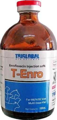 T-Enro (Enrofloxacin Injection 10%) COMPOSITION: Each ml containes: Enrofloxacin.. 100 mg Benzyl Alcohol BP..1.5% v/v (as preservative) Water for Injection BP...Q.
