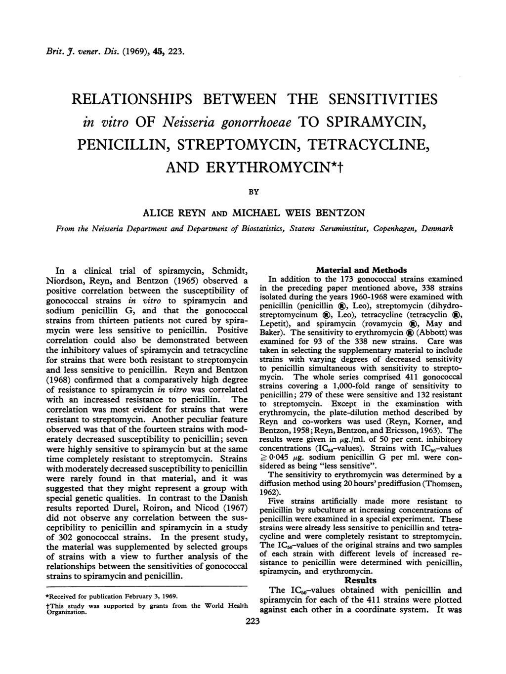 Brit J vener Dis (1969), 45, 223 RELATIONSHIPS BETWEEN THE SENSITIVITIES in vitro OF Neisseria gonorrhoeae TO SPIRAMYCIN, PENICILLIN, STREPTOMYCIN, TETRACYCLINE, AND ERYTHROMYCIN*t BY ALICE REYN AND