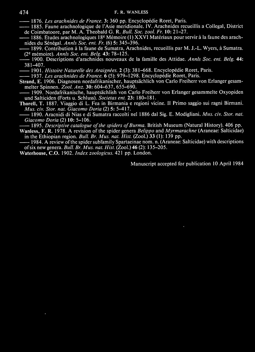 Etudes arachnologiques 8 e Memoire 1 ( 1 ) XXVI Materiaux pour servir a la faune des arachnides du Senegal. Annls Soc. ent. Fr. (6) 5: 345-396. 1899.