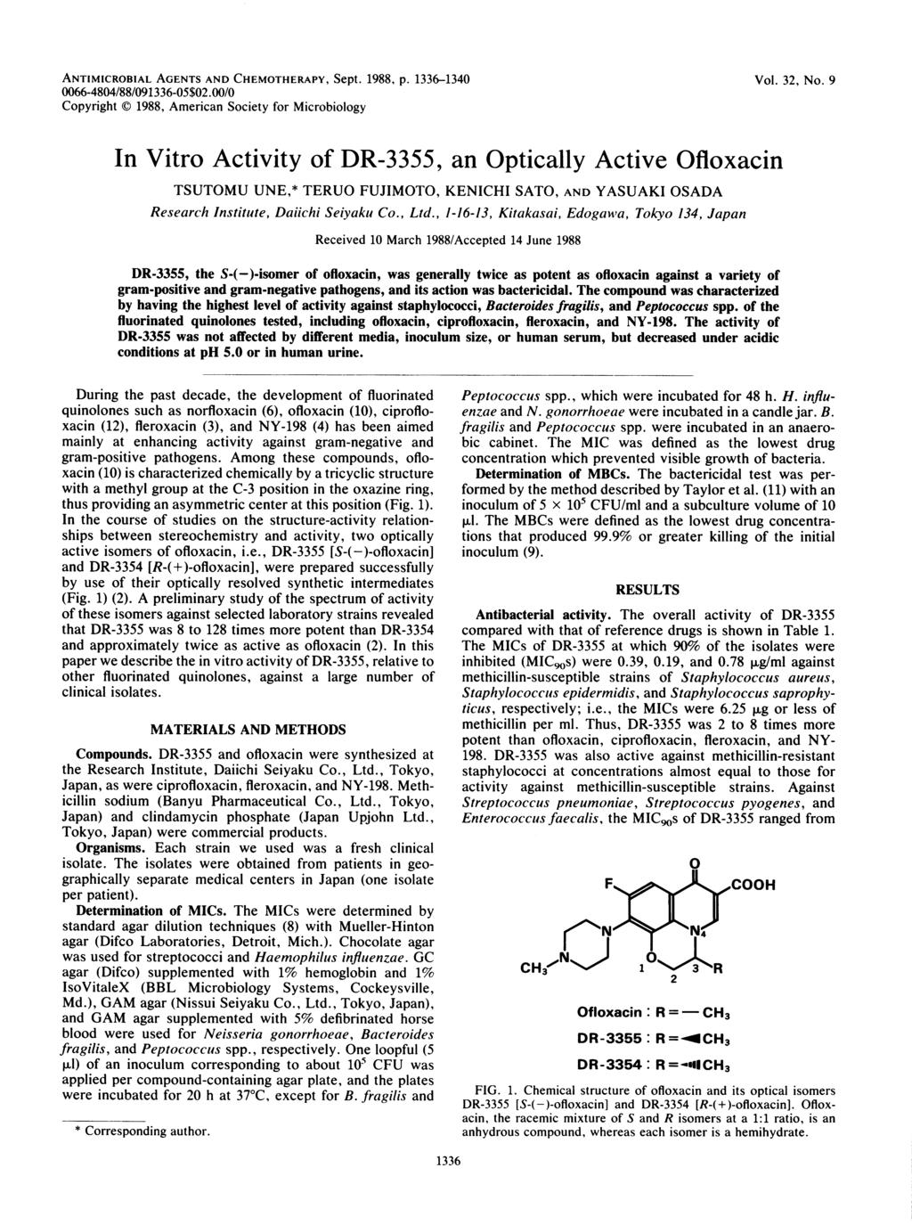 ANTIMICROBIAL AGENTS AND CHEMOTHERAPY, Sept. 1988, p. 1336-1340 0066-4804/88/091336-05$02.00/0 Copyright C 1988, American Society for Microbiology Vol. 32, No.