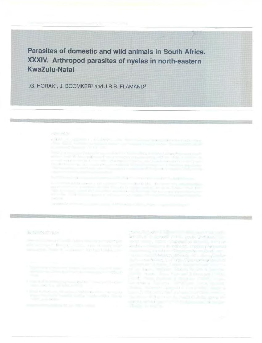 Onderstepoort Journal of Veterinary Research, 62:171-179 (1995) Parasites of domestic and wild animals in South Africa. XXXIV. Arthropod parasites of nyalas in north-eastern KwaZulu-Natal I. G.