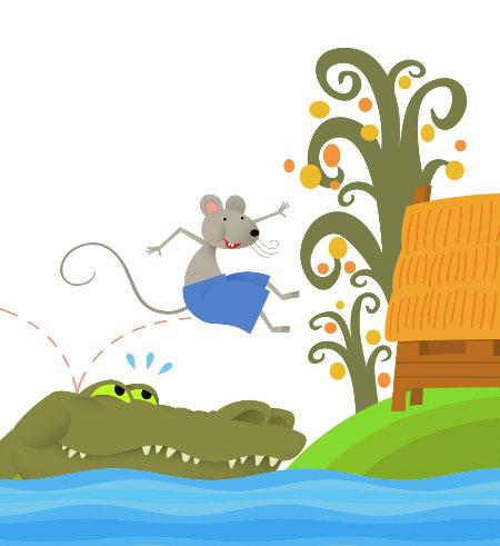 Mouse jumped on top of Crocodile s head. Mouse counted, One. He jumped on another crocodile s head and said, Two.