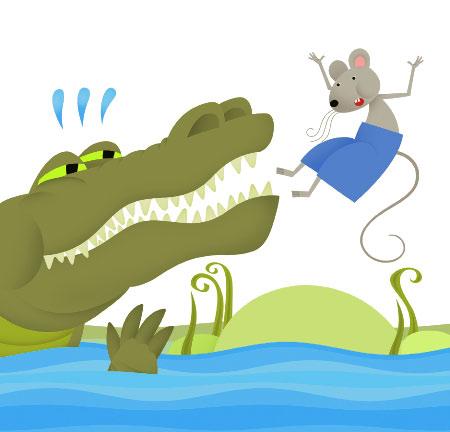 Suddenly, Crocodile jumped from the river. Crocodile tried to bite Mouse. Mouse was startled, or scared. He jumped back.