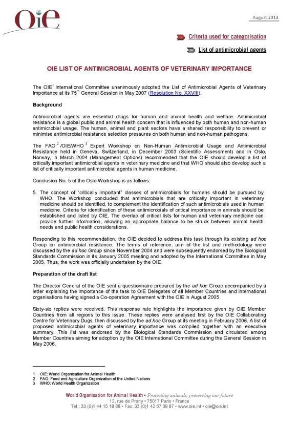 Antimicrobial Resistance OIE List of Antimicrobial Agents of Veterinary Importance: Adopted in 2013 to take into account concerns for human health (WHO and FAO