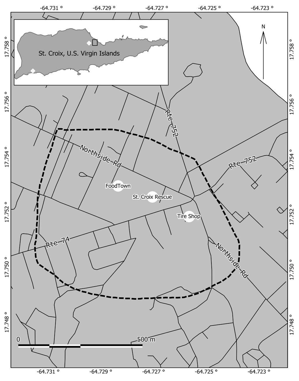 362 M. Treglia, et al. Fig 1 Map illustrating the core area occupied by Ameiva exsul (bounded by a dashed black line), and sites from which specimens were collected on St. Croix, U.