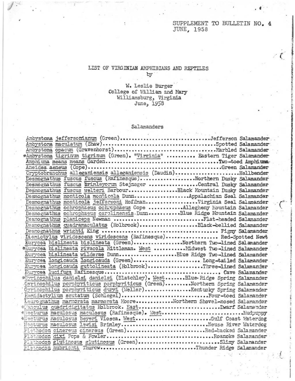 SUPPLEMENT TO BULLETIN NO. 4 JUNE, 1958 LIST OF VIRGINIAN AMPHIBIANS AND REPTILES ty W.