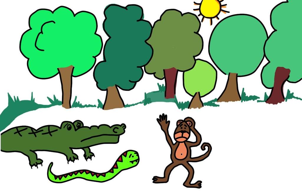 In the forest, monkey, crocodile and snake
