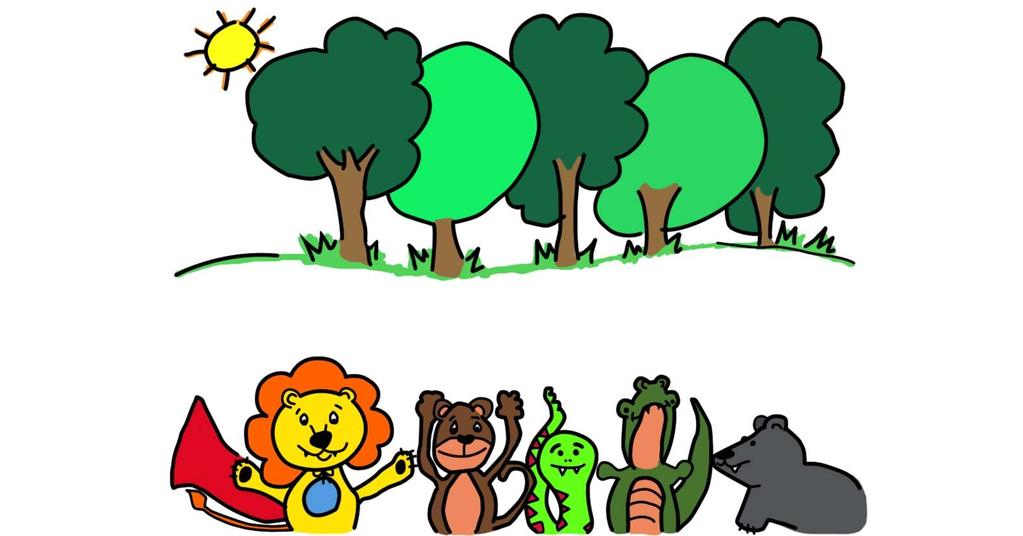 Bear is under the trees Super Lion says to Bad Bear: You have to get your own food.