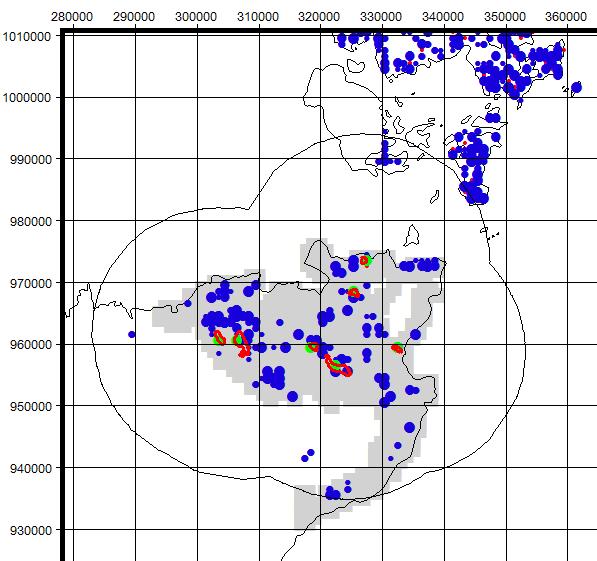 Figure 18. Feeding distribution (2007/08 to 2011/12 new records) of Greylag Geese in relation to the Caithness Lochs SPA. For key see page 35.
