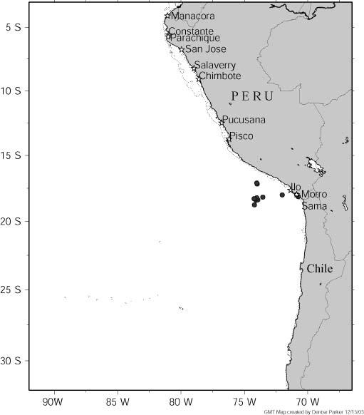 Page 2 of 6 Figure 1. Locations of 11 of the loggerheads captured at sea by artisanal fishing boats operating from the ports of Moro Sama and Ilo in southern Peru.