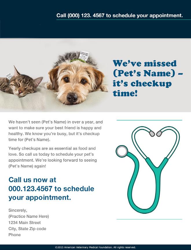 service-specific reminder messages. The messages shown here equate regular checkups with food and love as the basis for a long and active relationship between the pets and their owners.