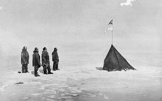 Amundsen and his party at the South Pole, they left a small tent and a message for Scott Amundsen took the criticism of the manner in which he became first to the South Pole badly.