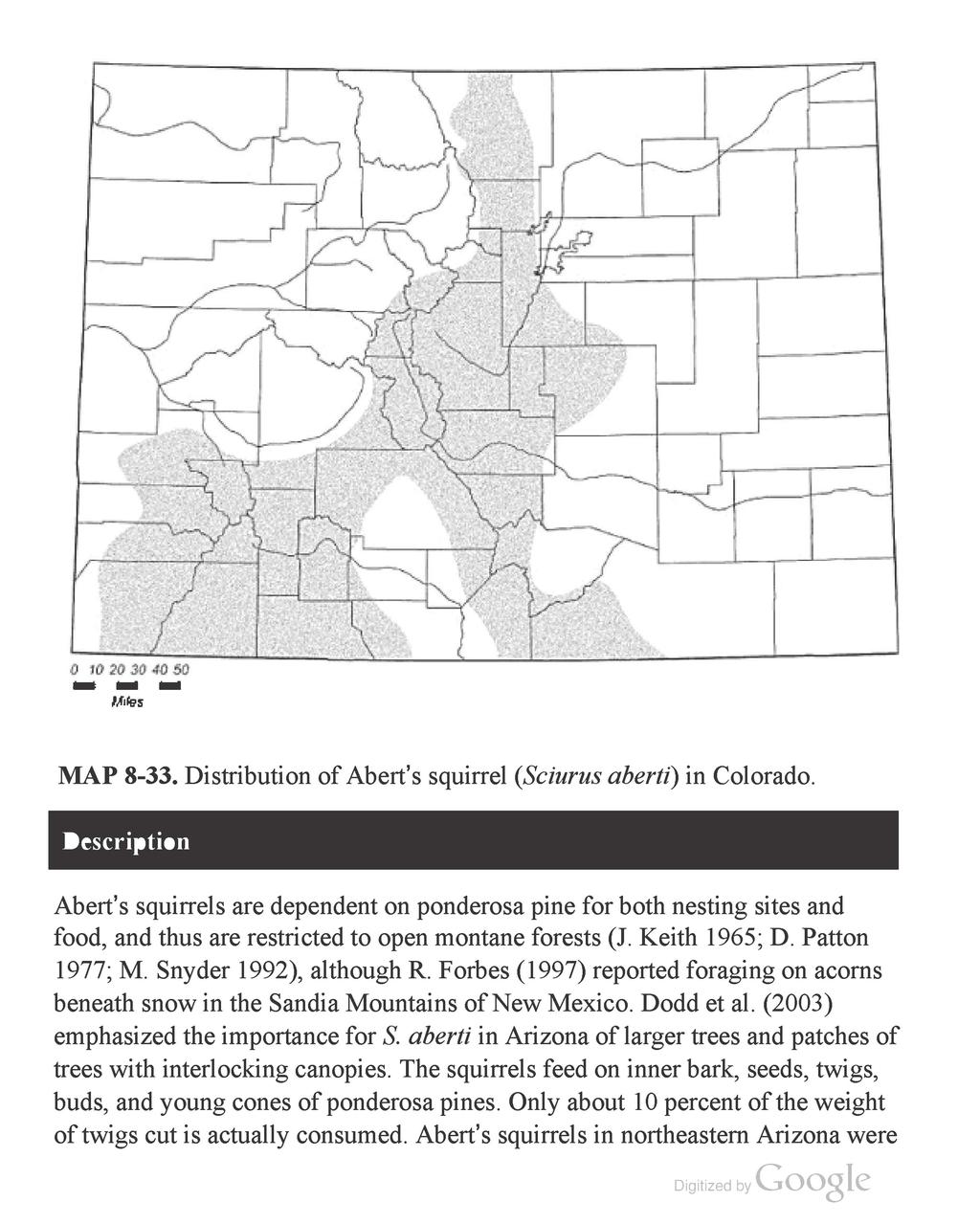 MAP 8-33. Distribution of Abert's squirrel (Sciurus aberti) in Colorado.