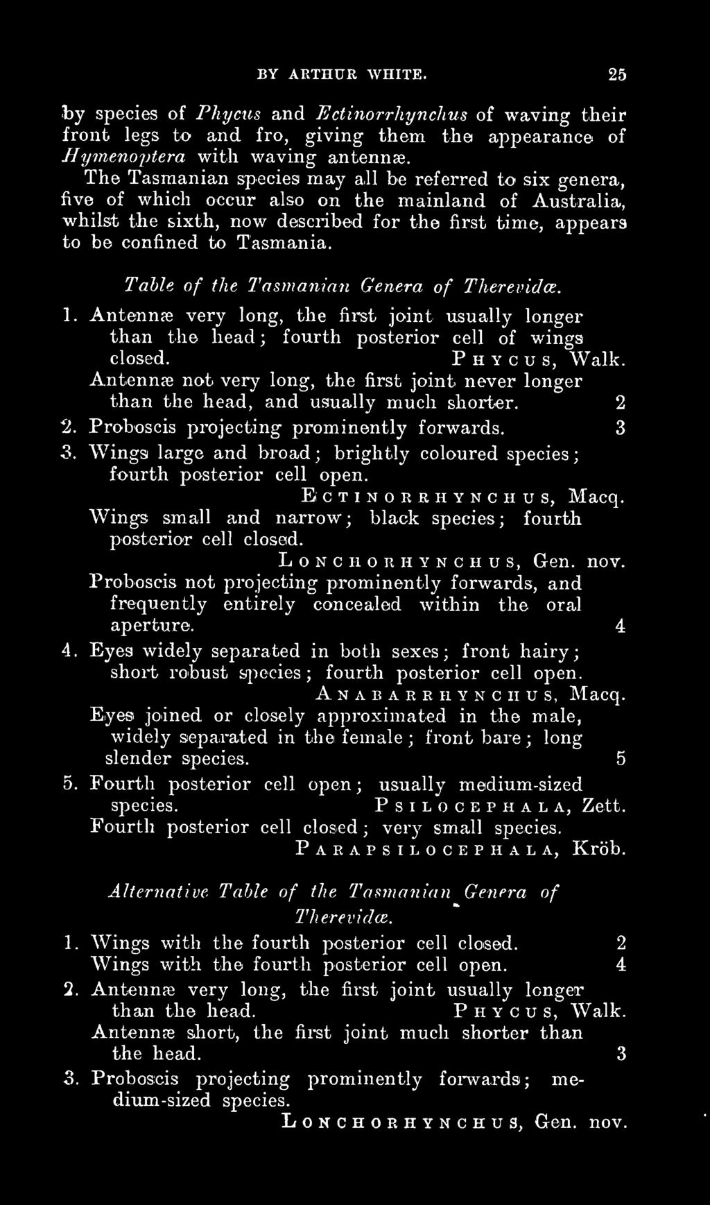 Table of the Tasmanian Genera of Therevidce. 1. Antennae very long, the first joint usually longer than the head ; fourth posterior cell of wings closed. Phycus, Walk.