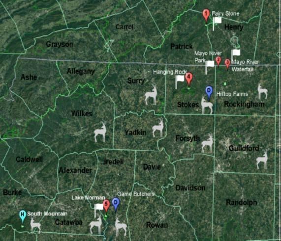 Figure 2.0. Flagging and Hunted-harvested Deer Study Sites. State park sites selected for surveillance are marked on the map in descending order North-to-South (1-5 Red Markers).