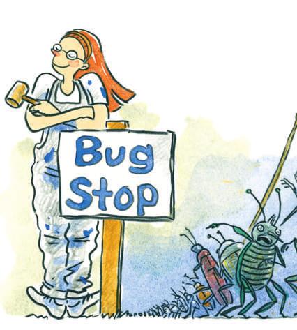 So Freda began to work. The first sign was at the bus stop. Freda wrote Bug Stop.