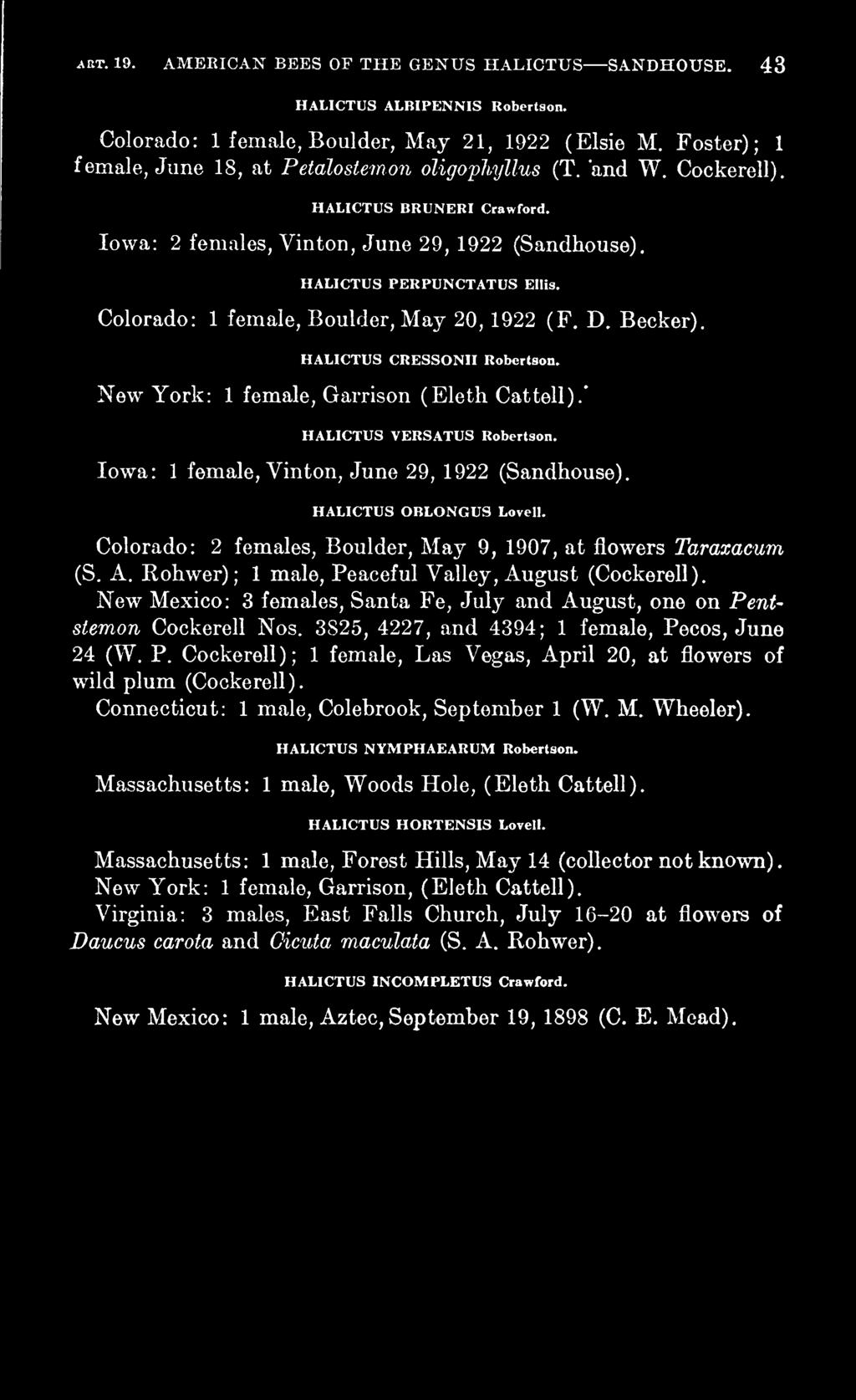 Colorado: 1 female, Boulder, May 20, 1922 (F. D. Becker). HALICTUS CRESSONII Robertson. New York: 1 female, Garrison (Eleth Cattell).* HALICTUS VERSATUS Robertson.